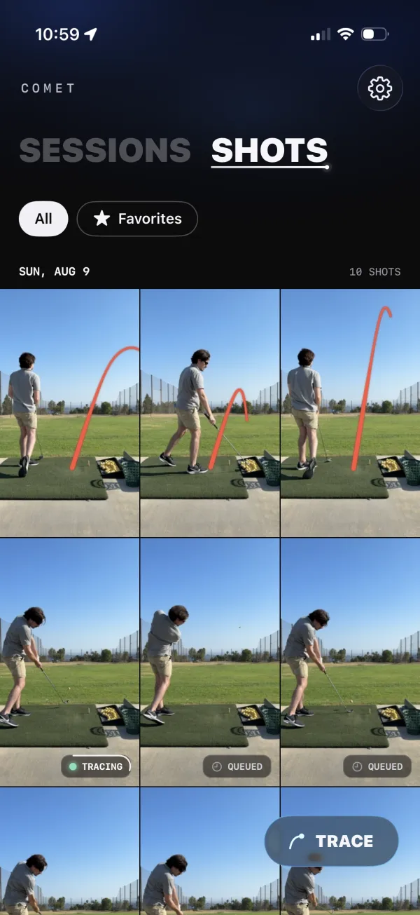 A grid of golf swing clips in Comet, with ball-flight traces on finished shots